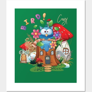 In Stock Crazy bird for kids Best mushroom house for Youth Short Sleeve Posters and Art